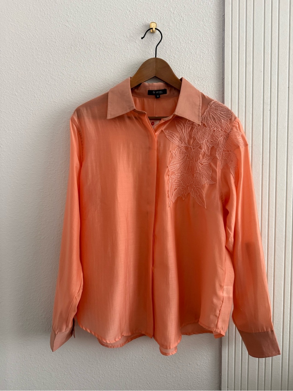 Coral Peach Orange Embroidered Button Down
